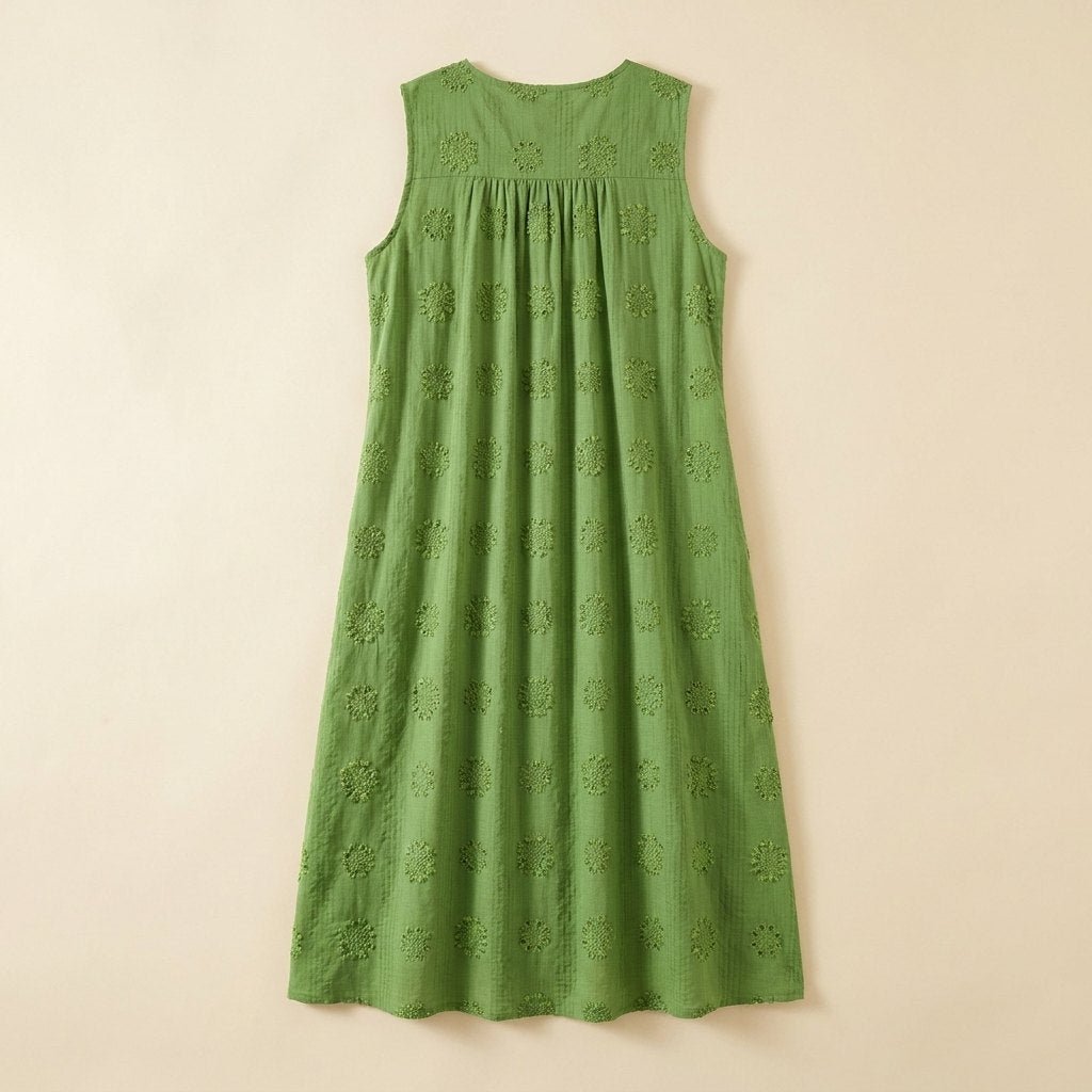 Brigitte sleeveless midi dress with side pockets, back view