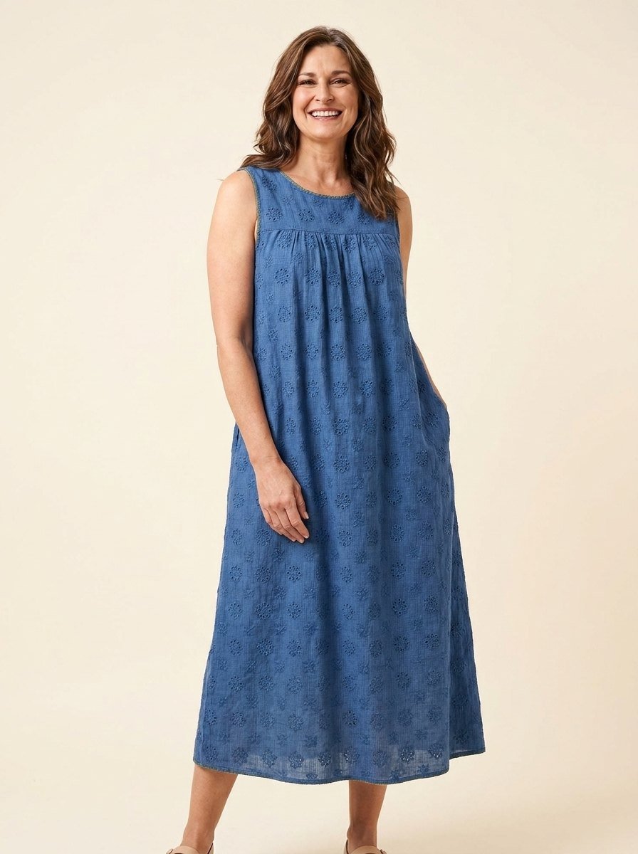 Brigitte sleeveless midi dress with side pockets in blue, front view