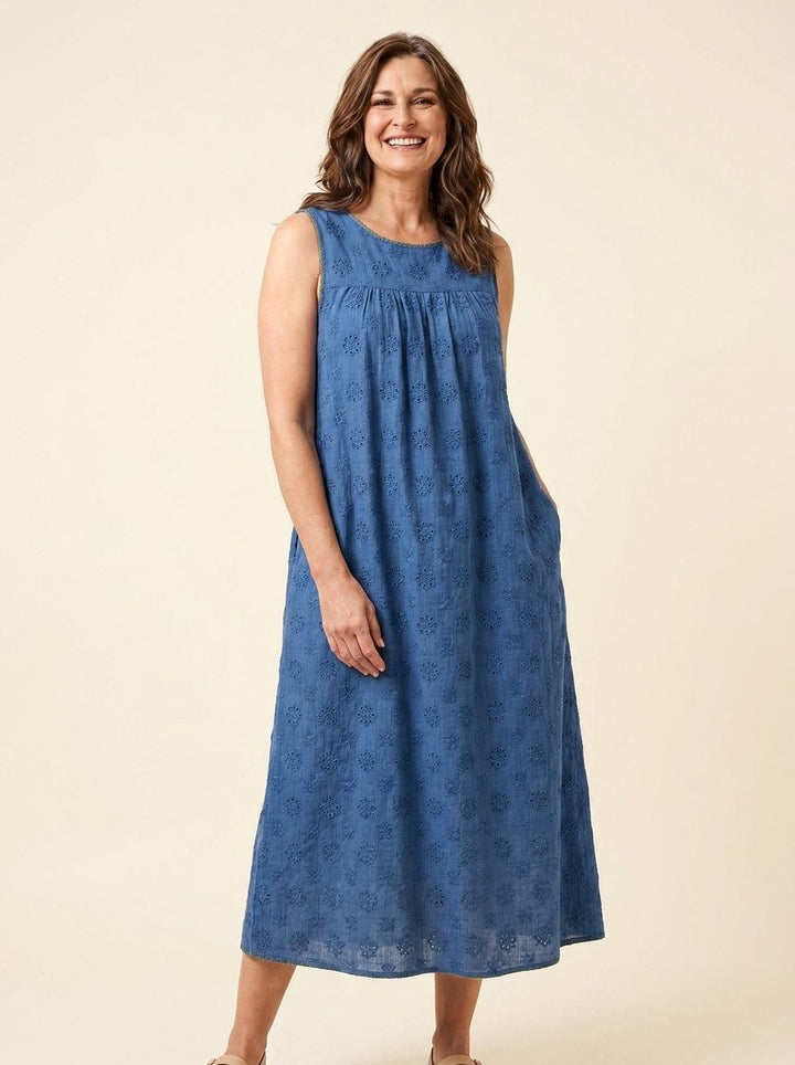Brigitte sleeveless midi dress with side pockets in blue, front view