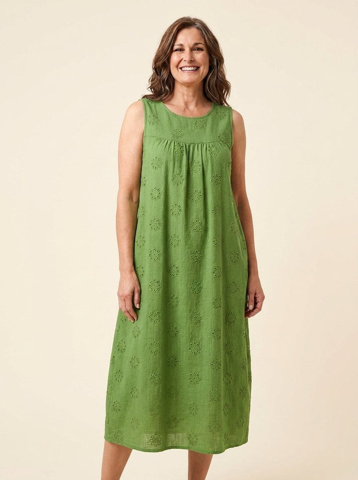 Brigitte sleeveless midi dress with side pockets in green, front view