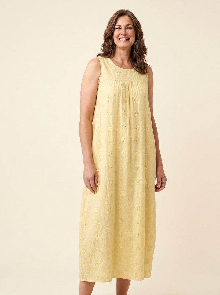 Brigitte sleeveless midi dress with side pockets in light yellow, front view