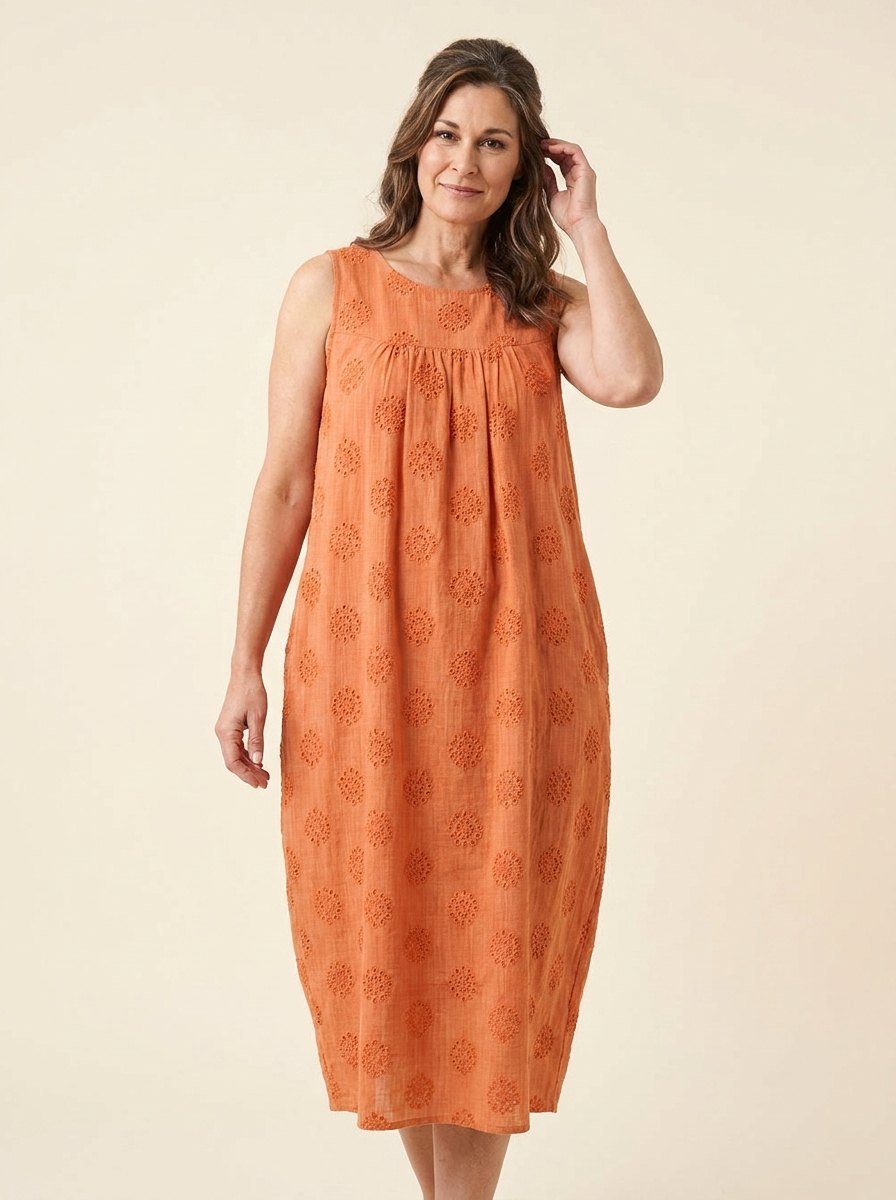 Brigitte sleeveless midi dress with side pockets in orange, front view