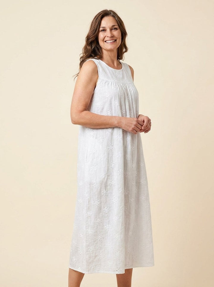 Brigitte sleeveless midi dress with side pockets in white, front view