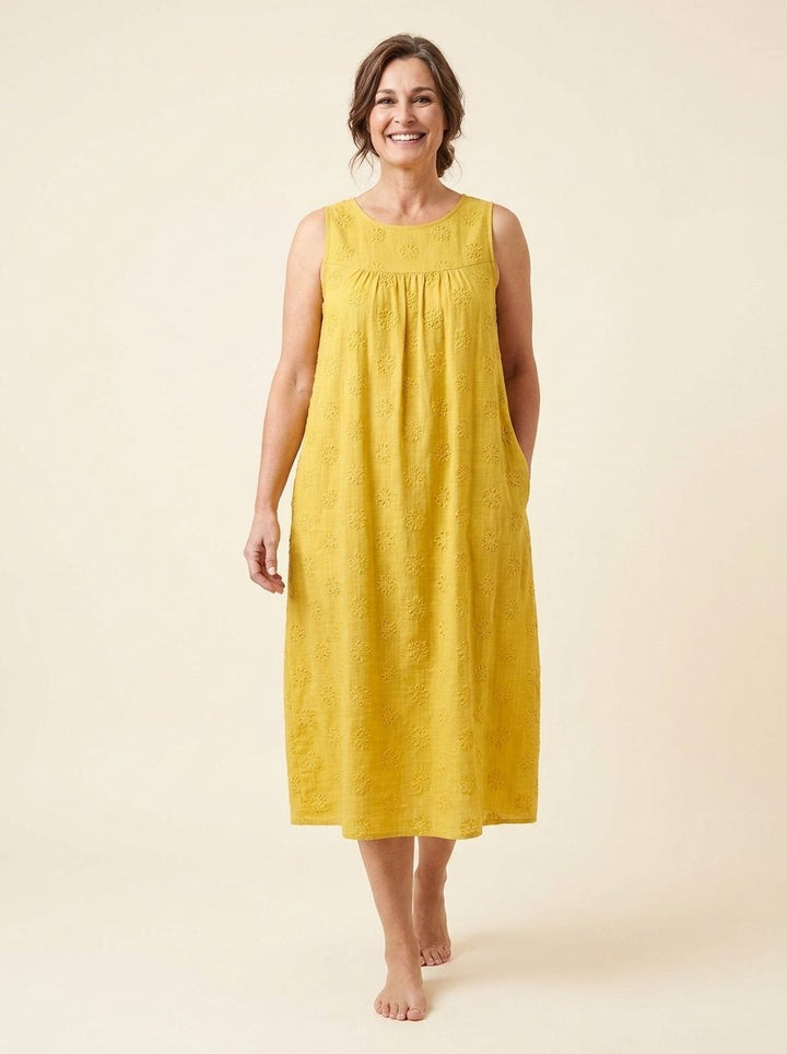 Brigitte sleeveless midi dress with side pockets in yellow, front view