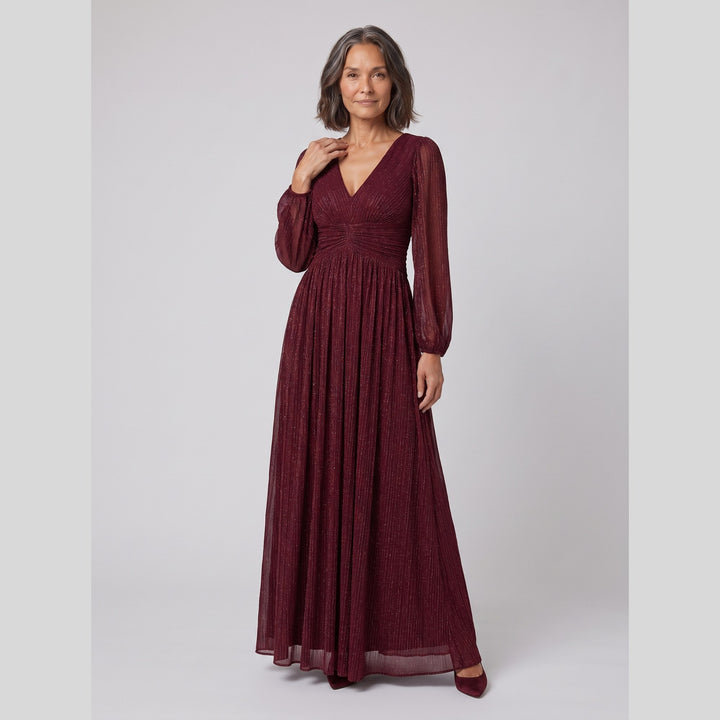 Burgundy glittery sequin empire waist lantern sleeve evening dress - The store Vancouver