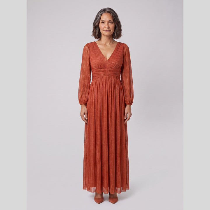 Burnt orange glittery sequin empire waist lantern sleeve evening dress - The store Vancouver
