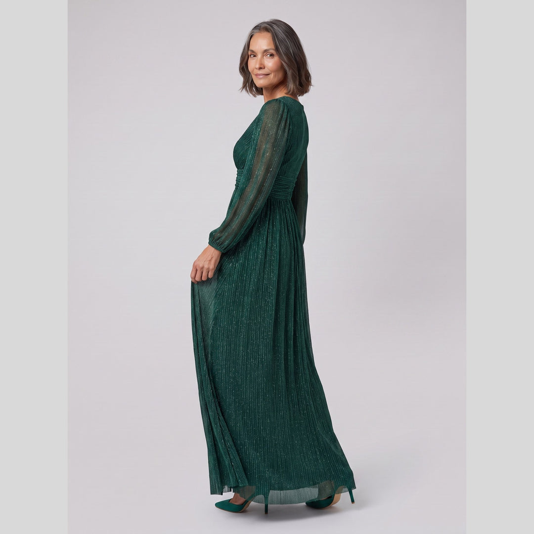 Dark green glittery sequin empire waist lantern sleeve evening dress - The store Vancouver