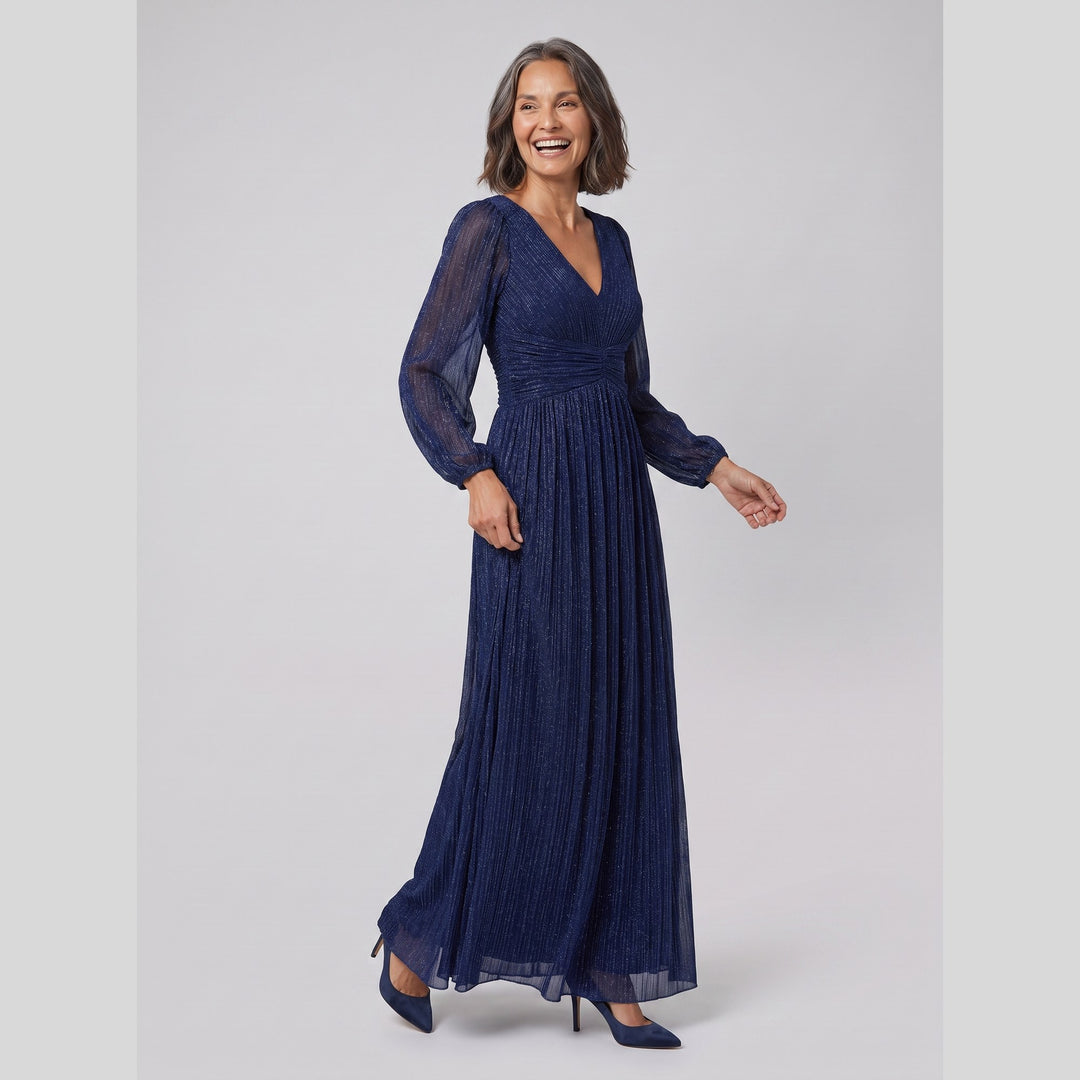 Navy blue glittery sequin empire waist lantern sleeve evening dress - The store Vancouver