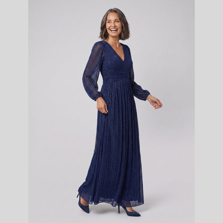 Navy blue glittery sequin empire waist lantern sleeve evening dress - The store Vancouver