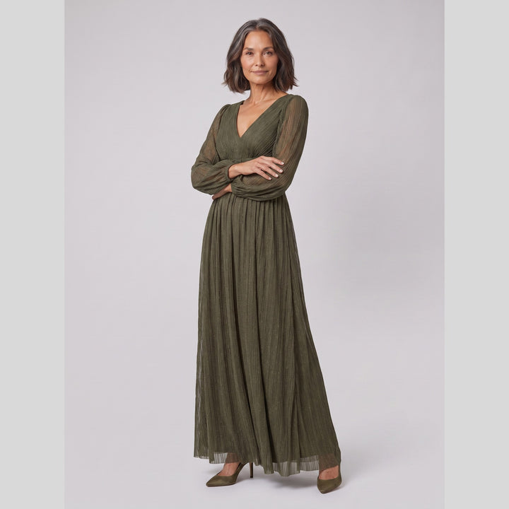 Olive green glittery sequin empire waist lantern sleeve evening dress - The store Vancouver
