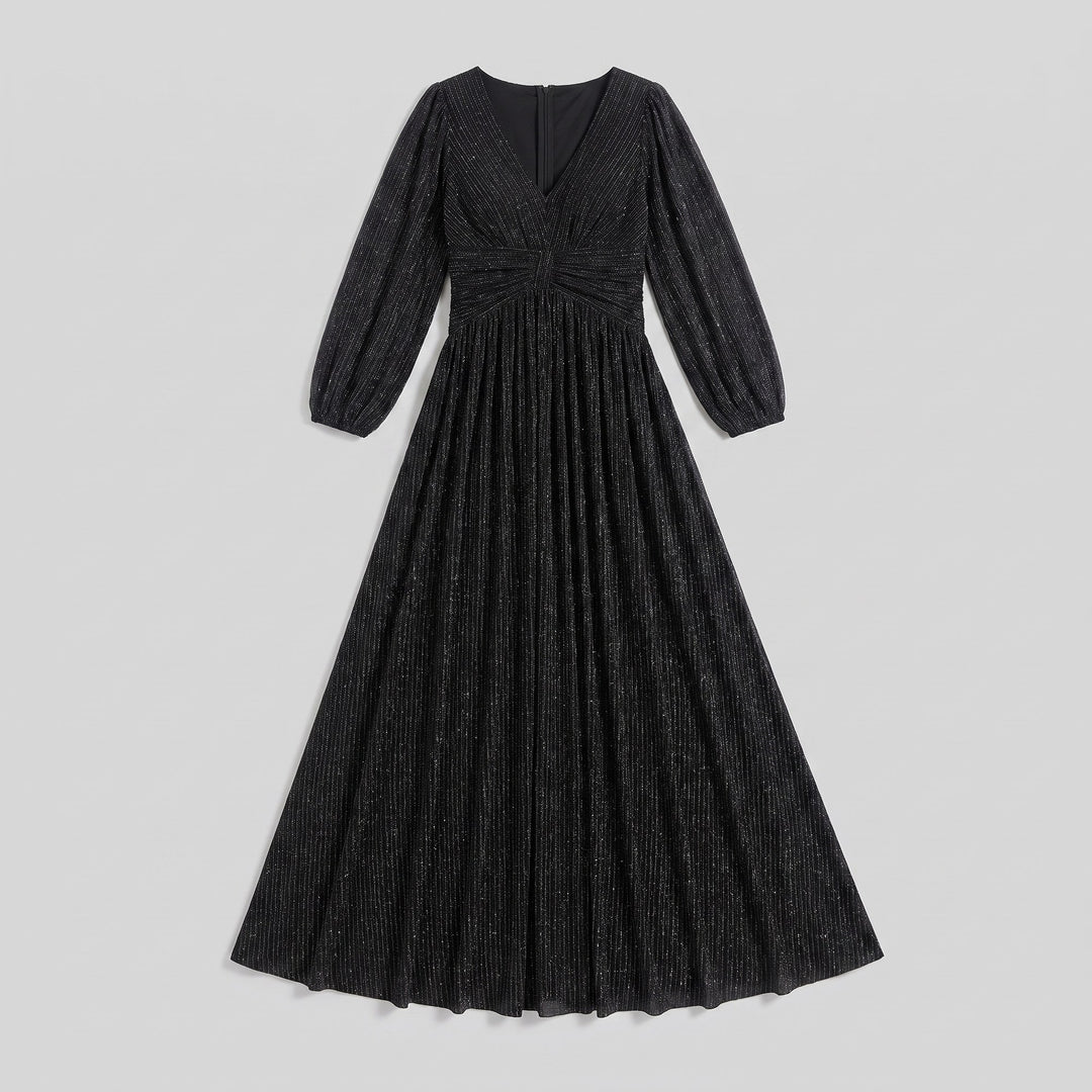 Black glittery sequin empire waist evening dress flat lay product photo - The store Vancouver