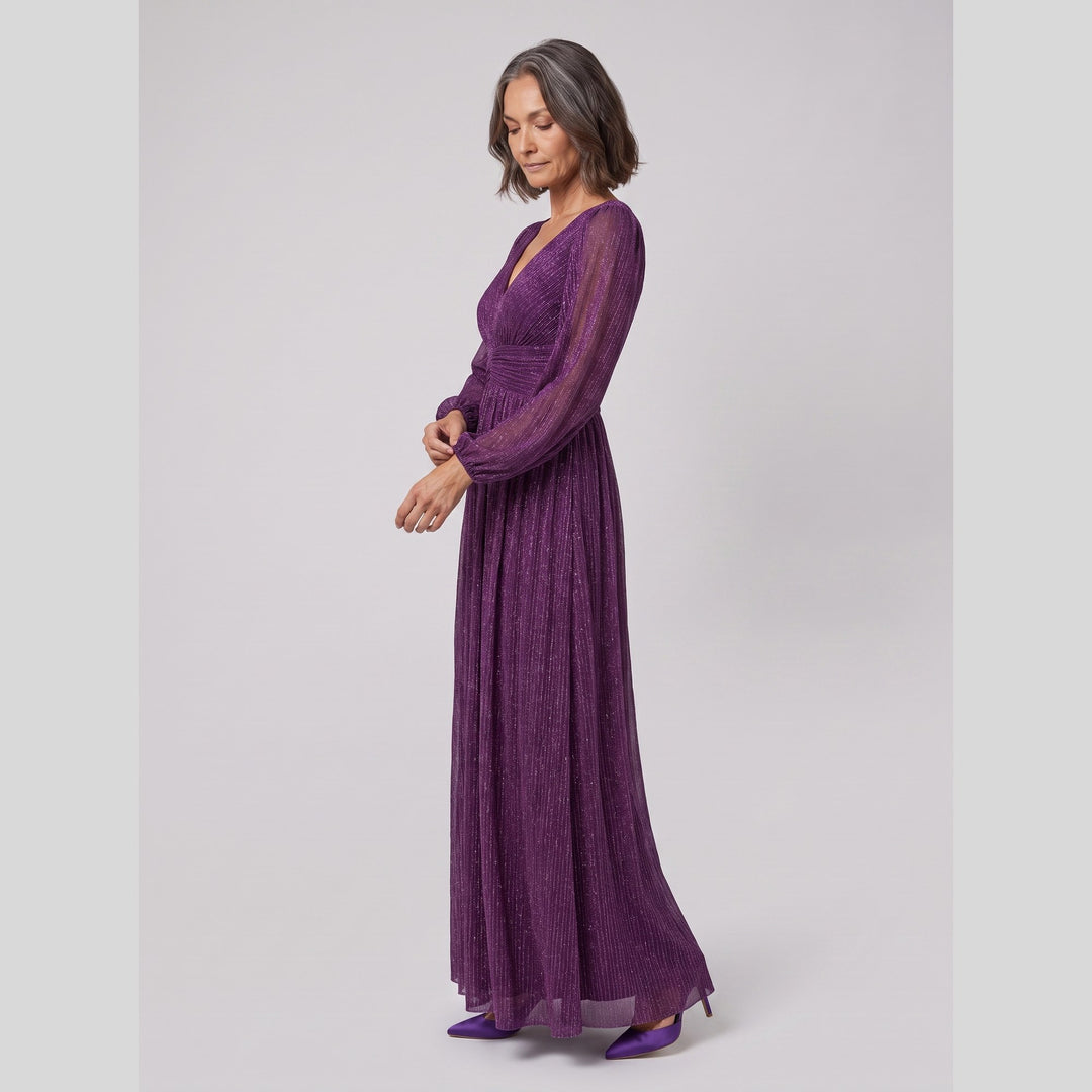 Purple wisteria glittery sequin empire waist lantern sleeve evening dress - The store Vancouver