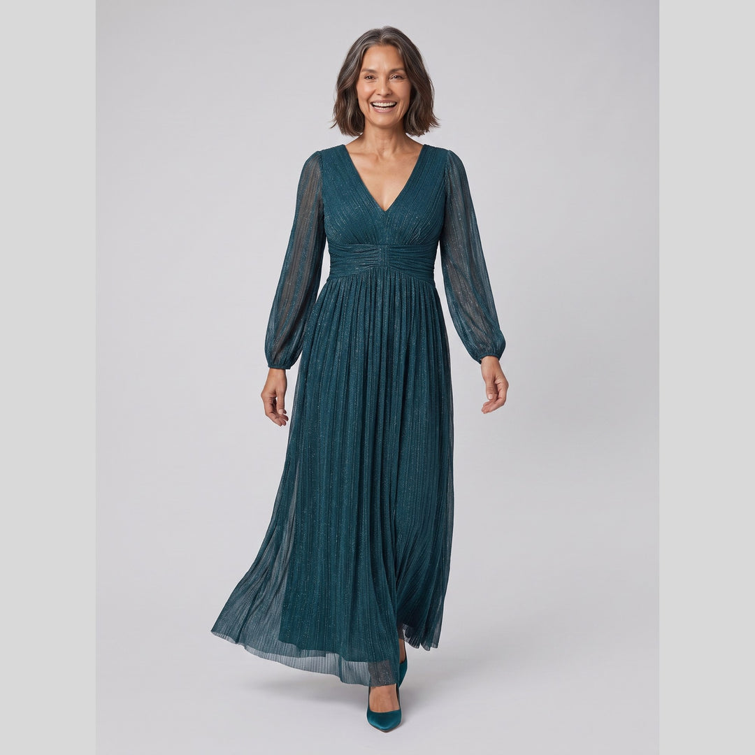 Teal glittery sequin empire waist lantern sleeve evening dress - The store Vancouver