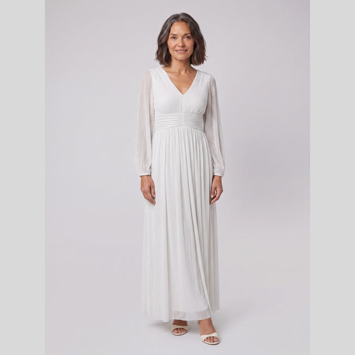 White glittery sequin empire waist lantern sleeve evening dress - The store Vancouver