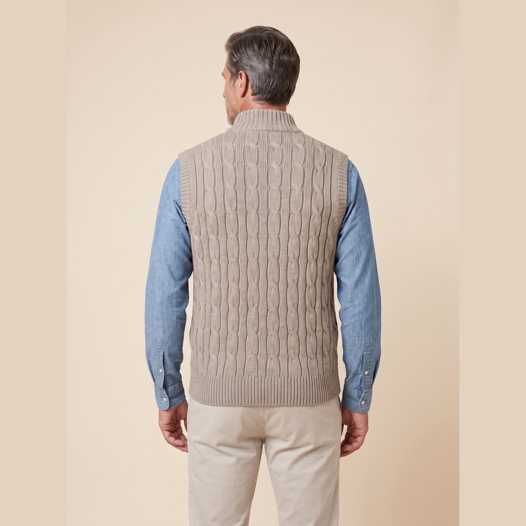 Men's cable knit sweater vest in khaki, back view