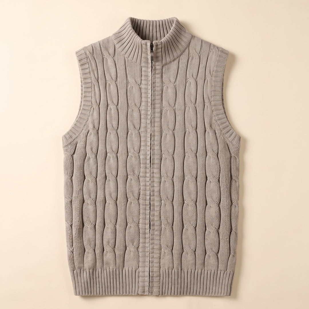 Men's cable knit sweater vest product flat lay