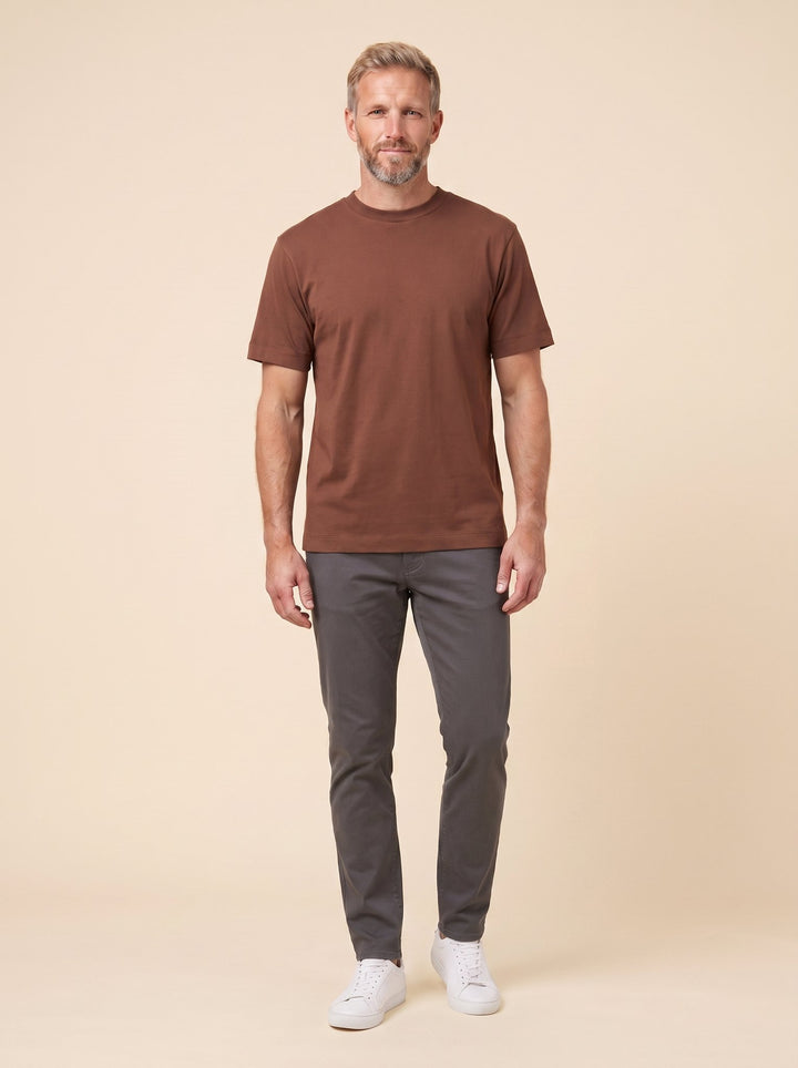 Caden oversized chestnut brown t-shirt front on model