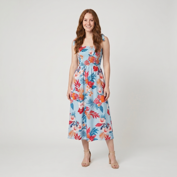 Capri light blue tropical floral sundress on model