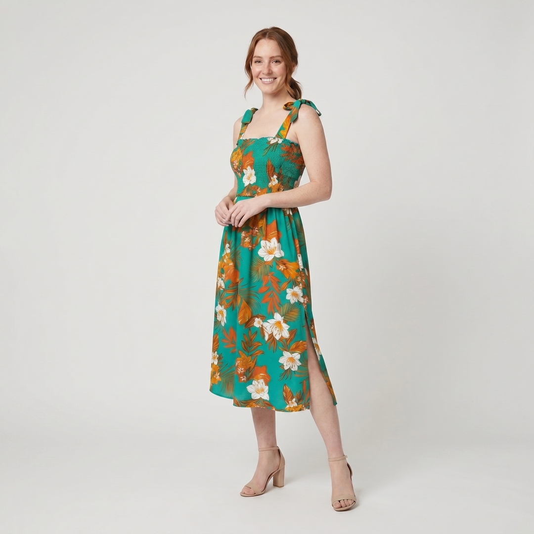 Capri green tropical floral sundress on model