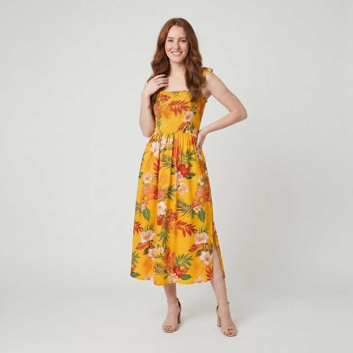 Capri yellow tropical floral sundress on model