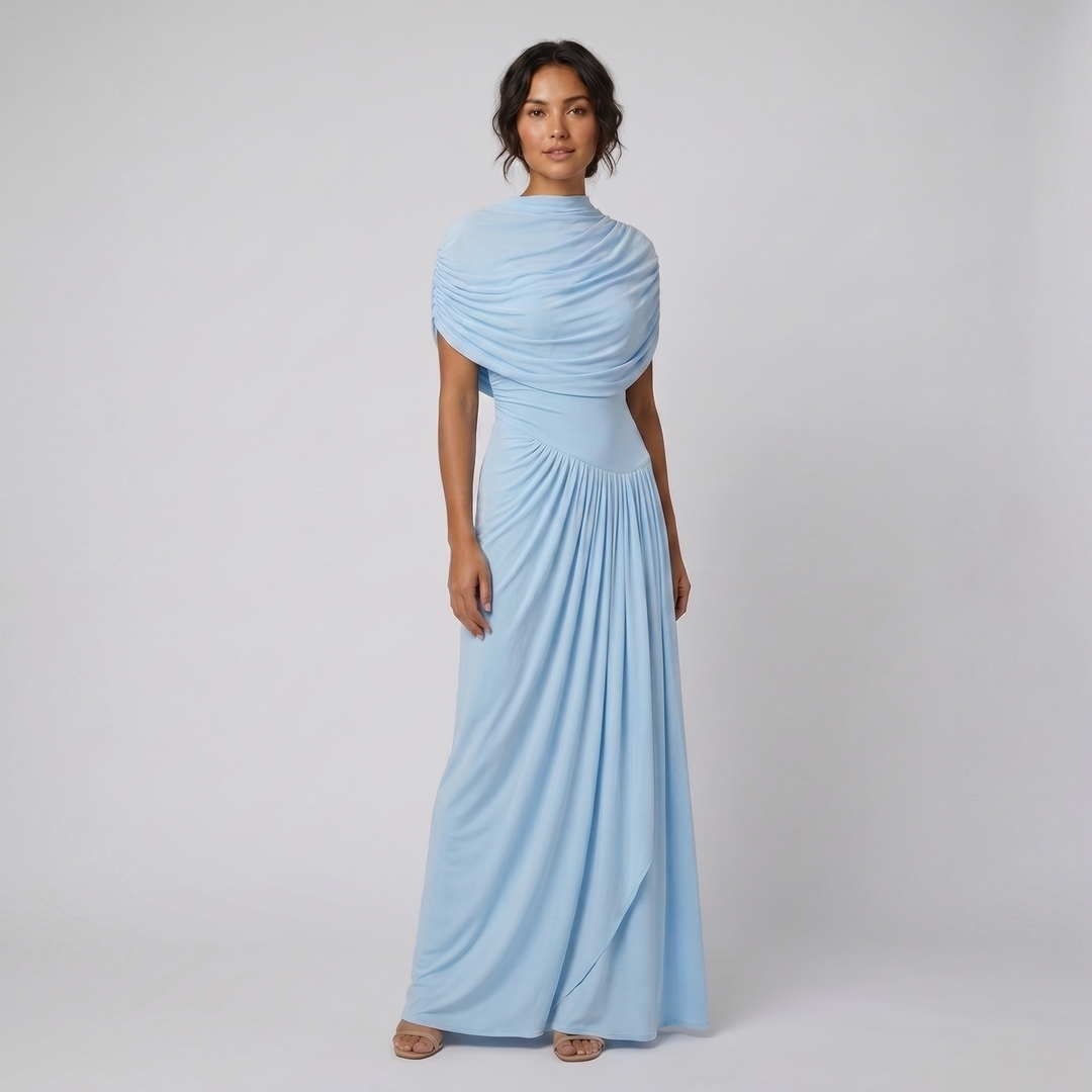 Catherine baby blue draped pleated maxi gown on model
