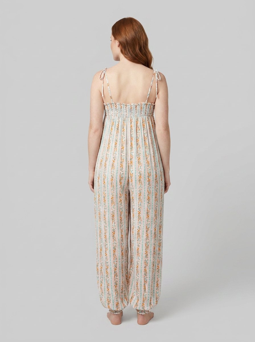 Wide-leg boho jumpsuit with tie straps, back view