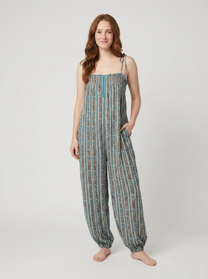 Blue wide-leg boho jumpsuit with tie straps, front view