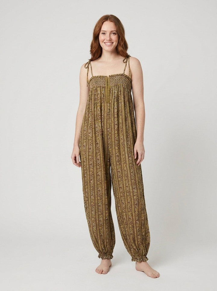 Brown wide-leg boho jumpsuit with tie straps, front view