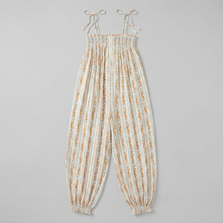 Wide-leg boho jumpsuit with tie straps, flat lay
