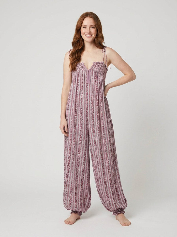 Lilac wide-leg boho jumpsuit with tie straps, front view