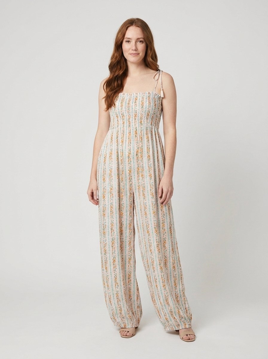 White wide-leg boho jumpsuit with tie straps, front view