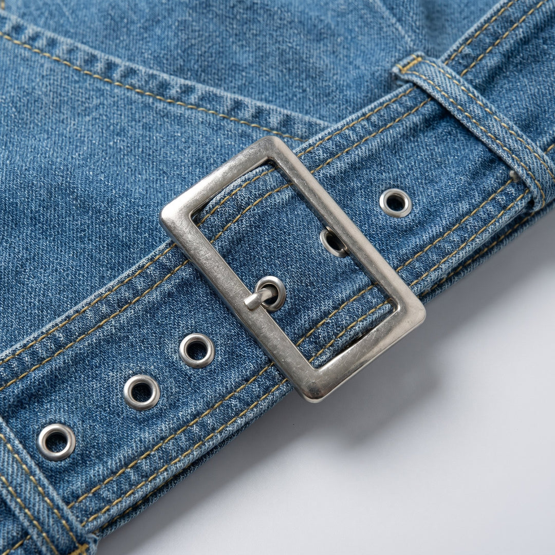 Celeste denim fabric and belt buckle close-up