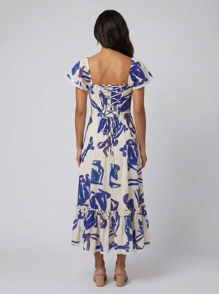 Celeste blue floral gauze midi corset back view