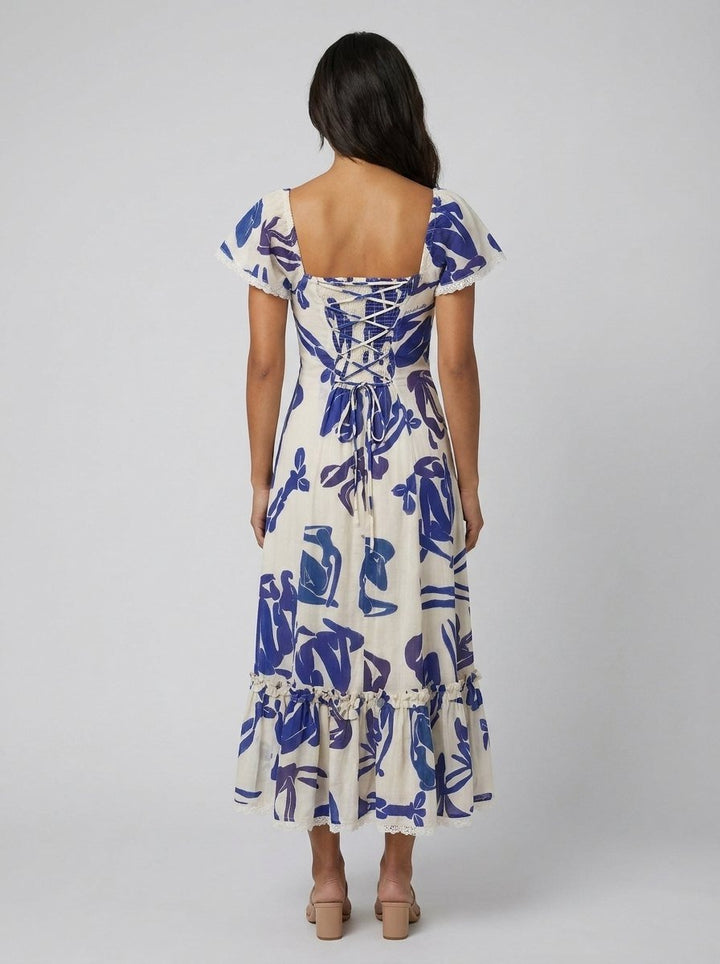 Celeste blue floral gauze midi corset back view