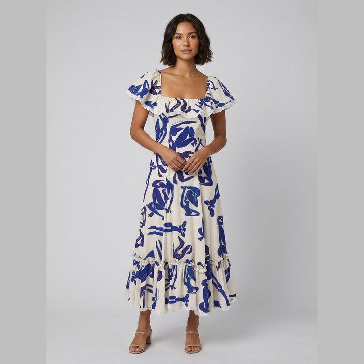 Celeste midi dress cobalt blue Matisse print on model front