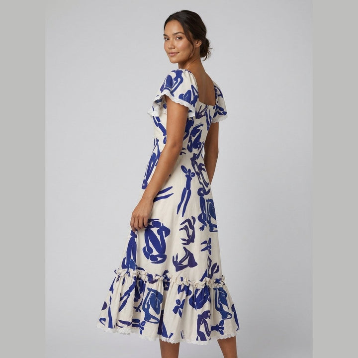 Celeste midi dress cobalt blue Matisse print on model back
