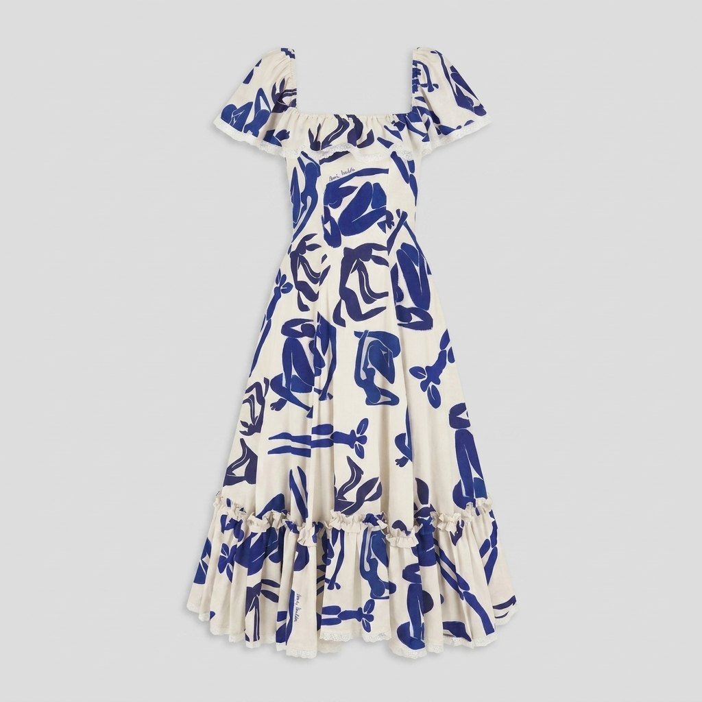 Celeste midi dress cobalt blue Matisse print product flat lay