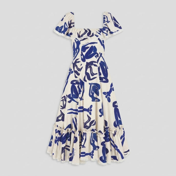 Celeste midi dress cobalt blue Matisse print product flat lay