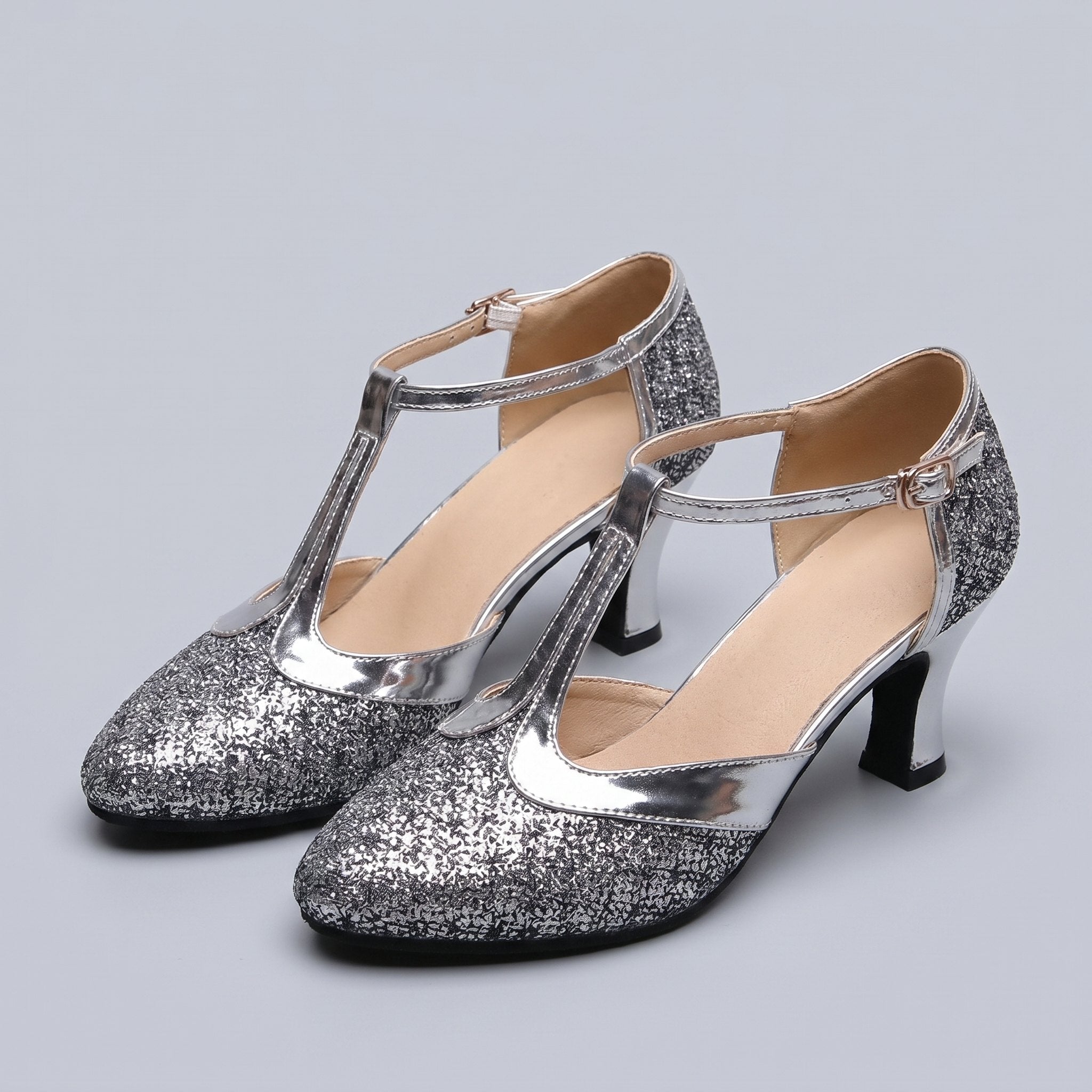 Chi T-strap dance heels silver gray