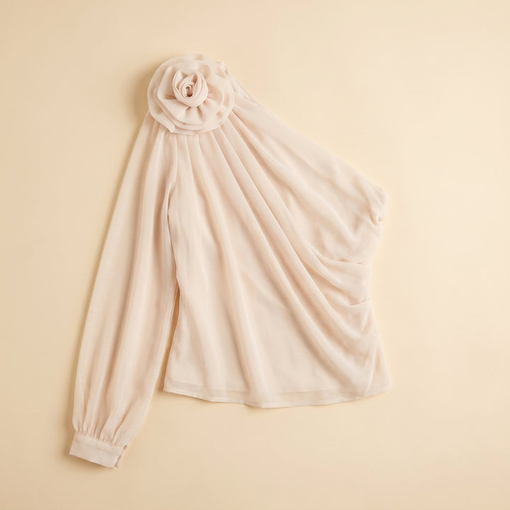 Chic one shoulder chiffon blouse flat lay