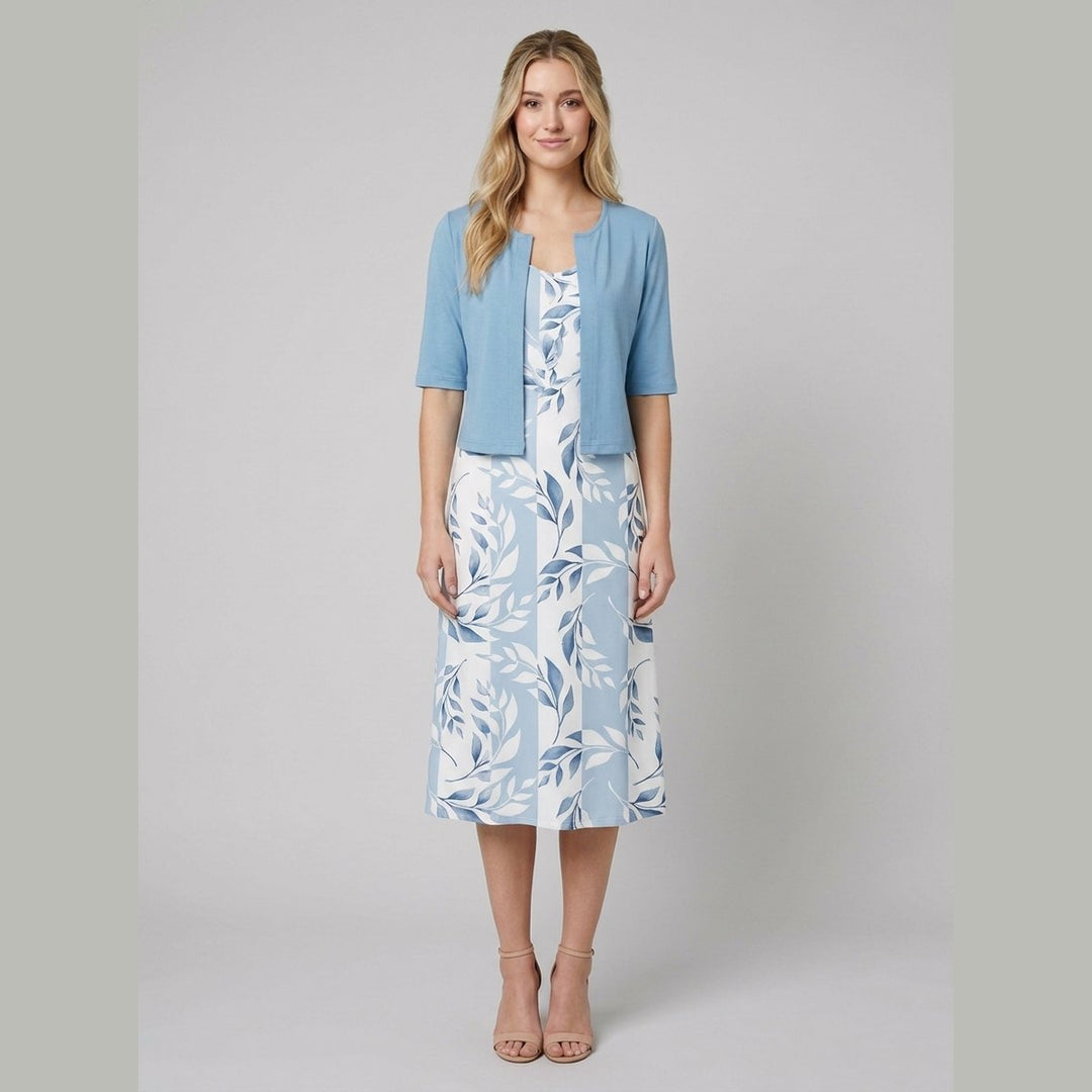 Chico floral two-piece dress light blue bolero on model