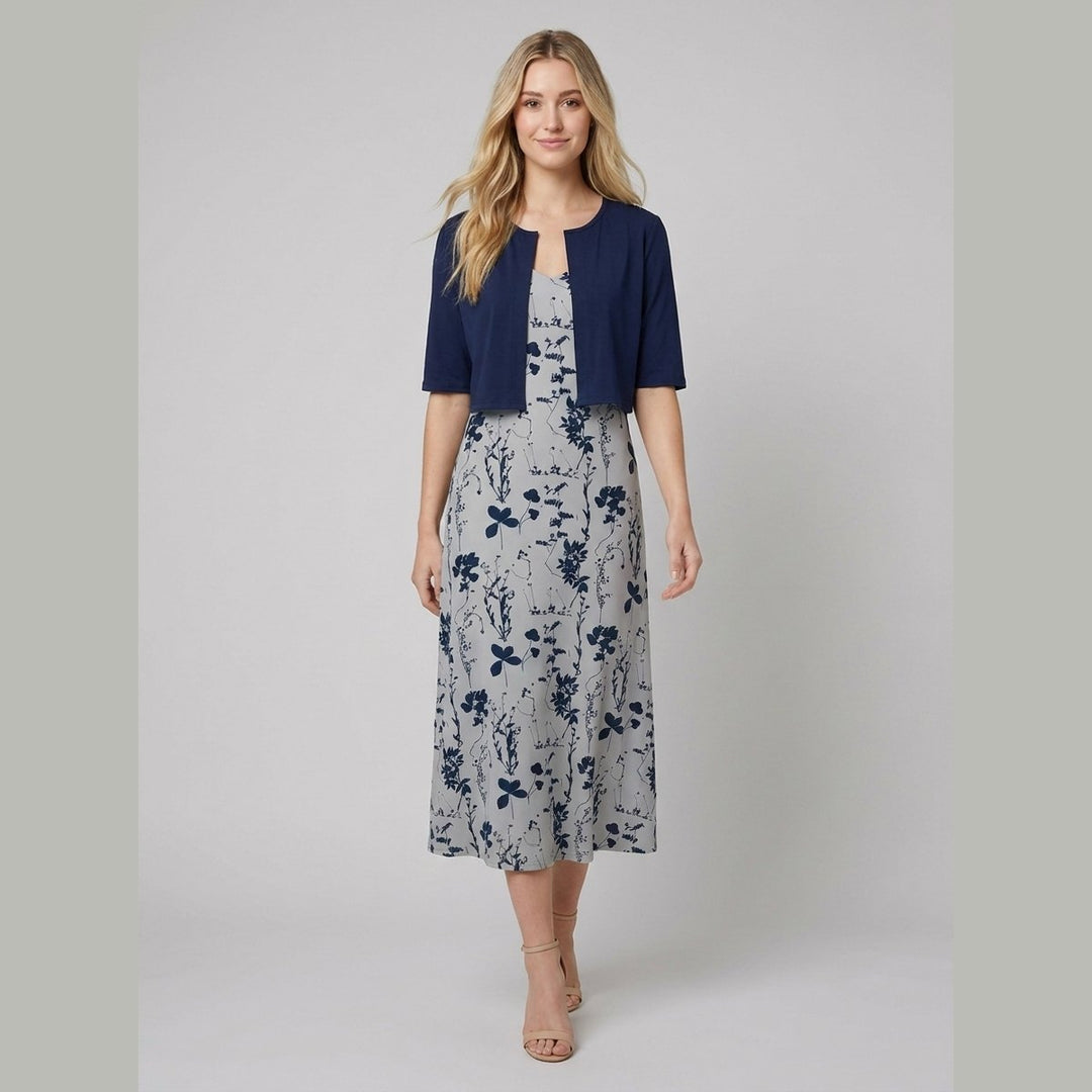 Chico floral two-piece dress navy blue bolero on model