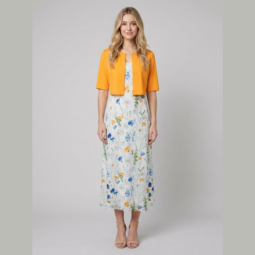 Chico floral two-piece dress orange bolero on model