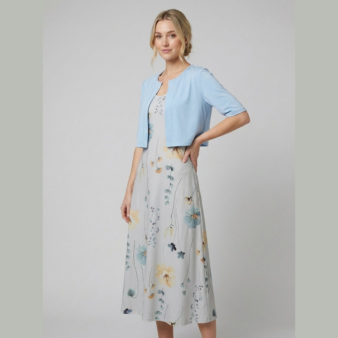 Chico floral two-piece dress sky blue bolero on model