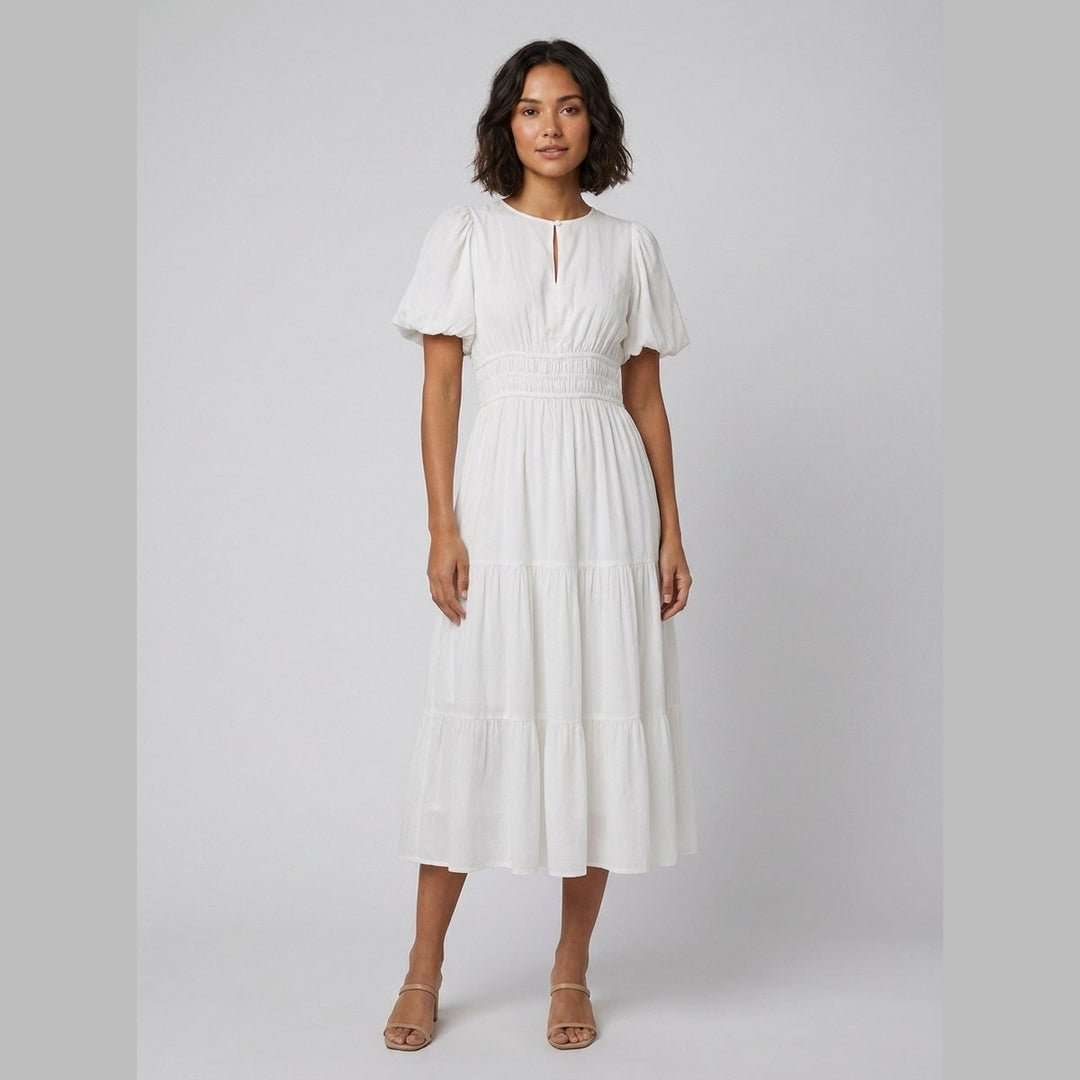 Citrine white cotton midi dress on model front