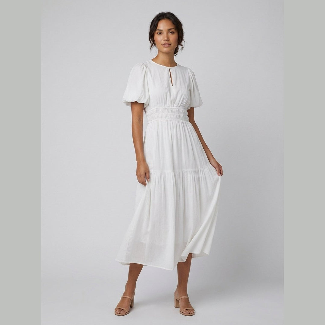 Citrine white cotton midi dress on model side