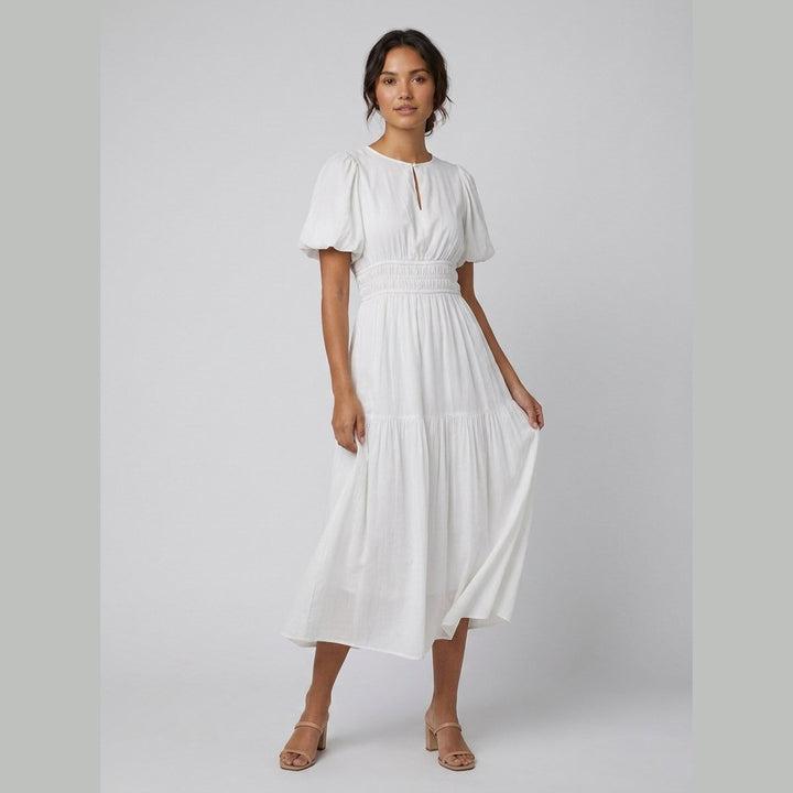Citrine white cotton midi dress on model side