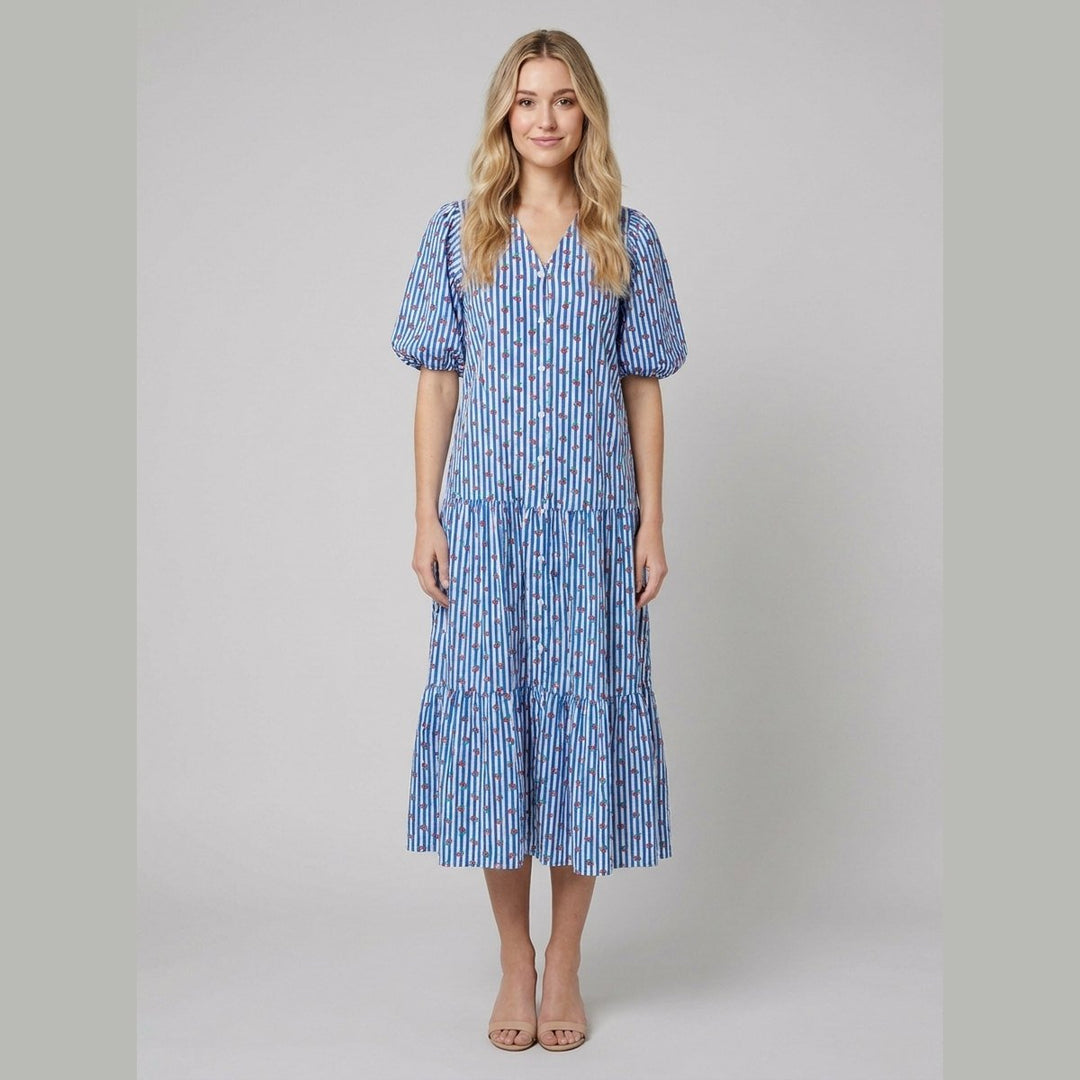 Citrus Tara cherry stripe sundress on model front