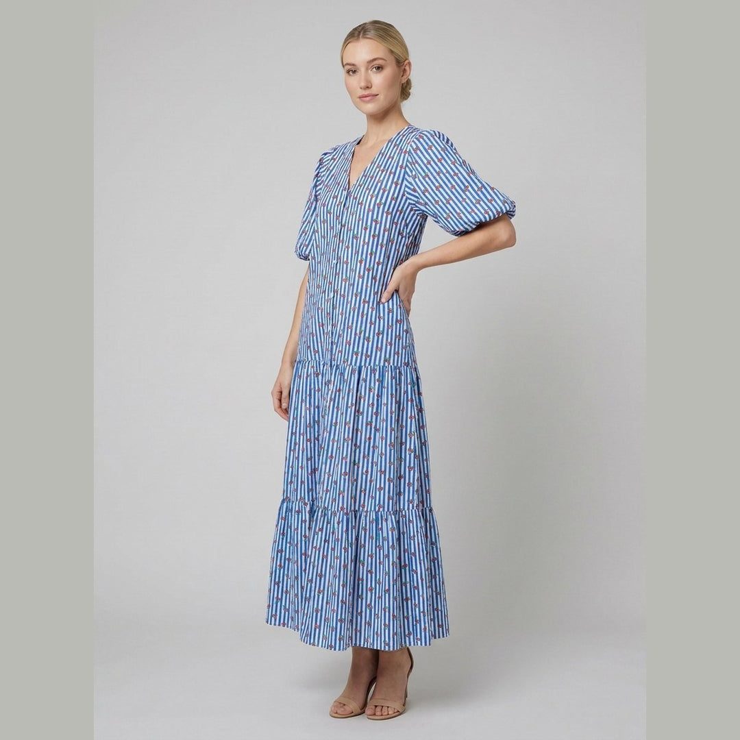 Citrus Tara cherry stripe sundress on model side