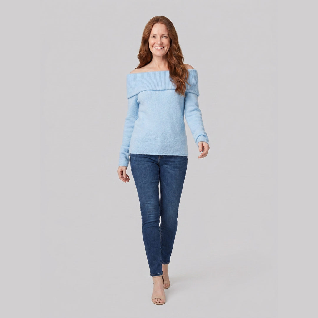 Clara off shoulder sweater blue on model